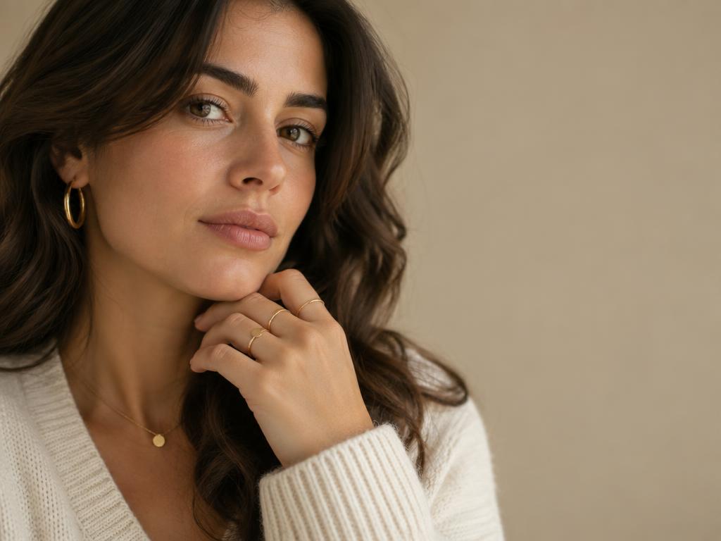 Model wearing Noury gold jewelry